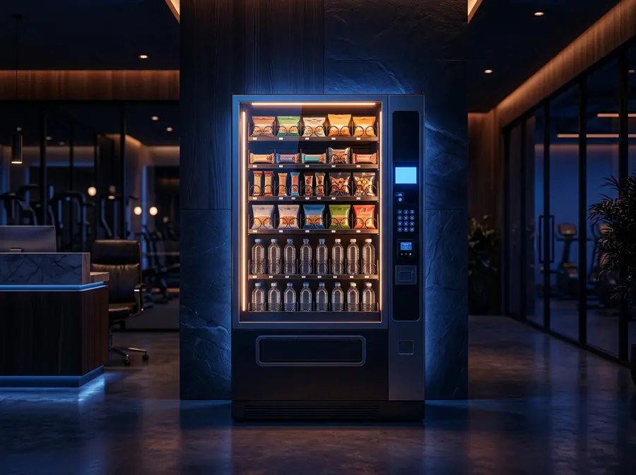 Vending machine com água e snacks saudáveis na recepção de uma academia
