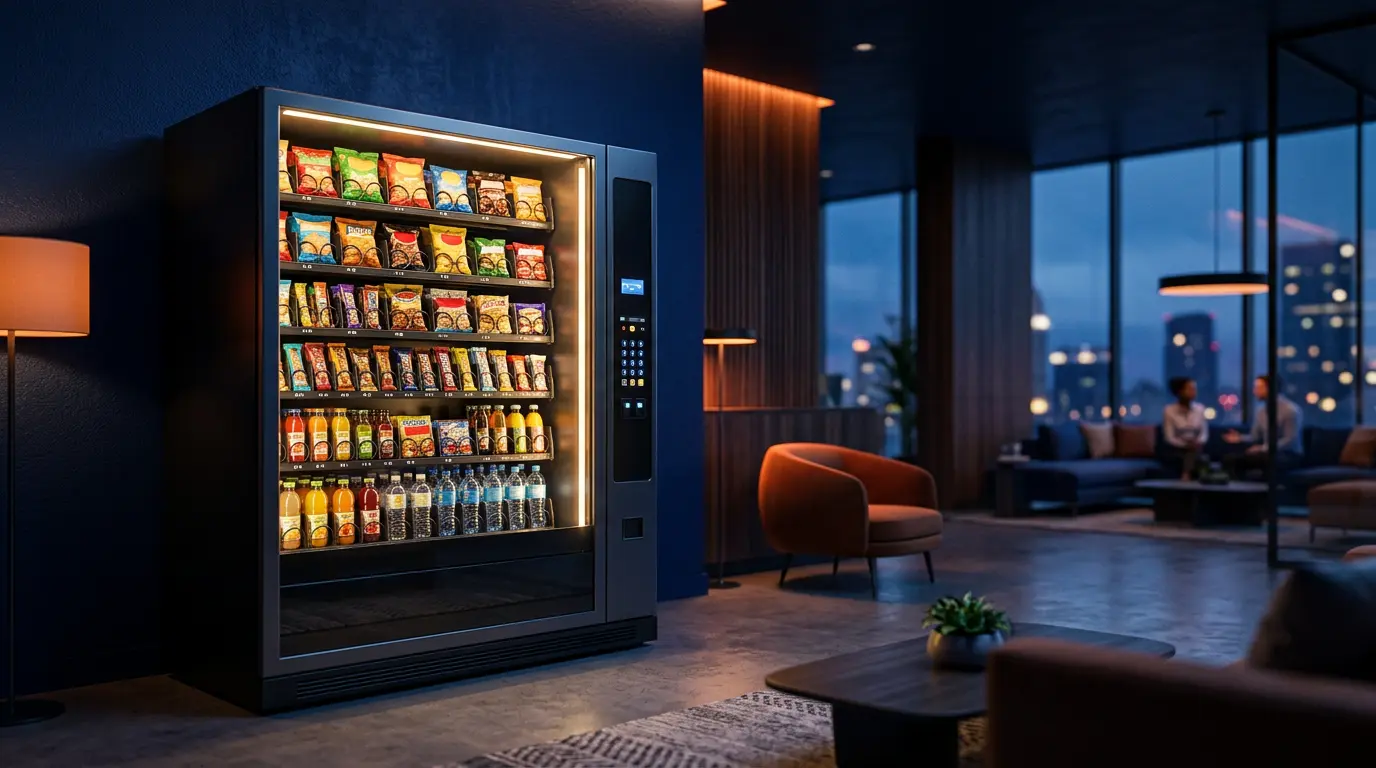 Vending machine de alimentos e bebidas instalada em ambiente corporativo